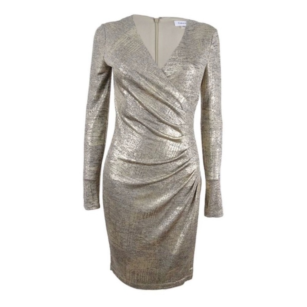 NWOT Calvin Klein Metallic Long Sleeve Faux Wrap Sheath Dress - Size 4, Gold - Picture 2 of 9